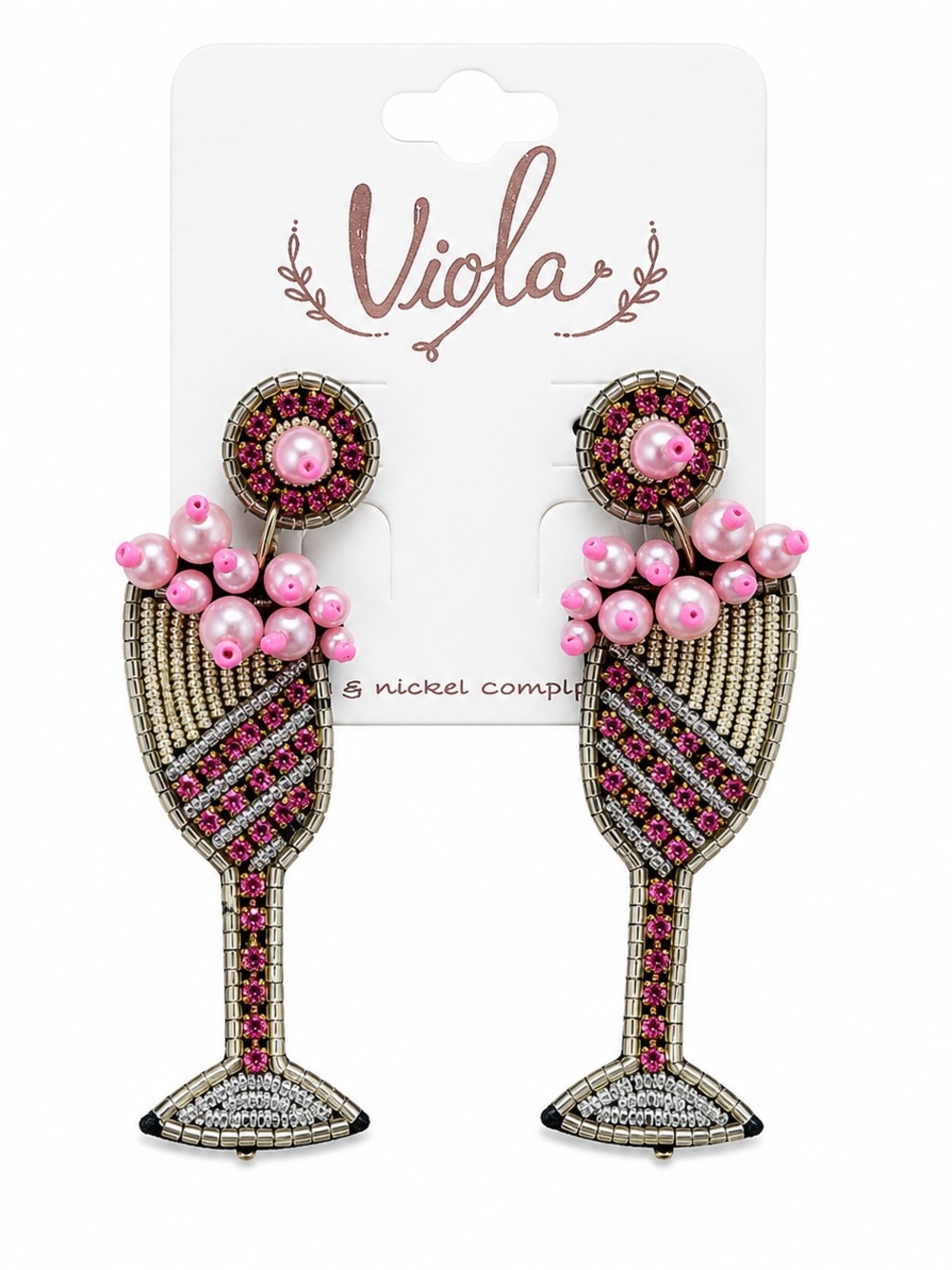 Viola Pink Champagne Glass Beaded Statement Earrings Pearl Rhinestone Cocktail P